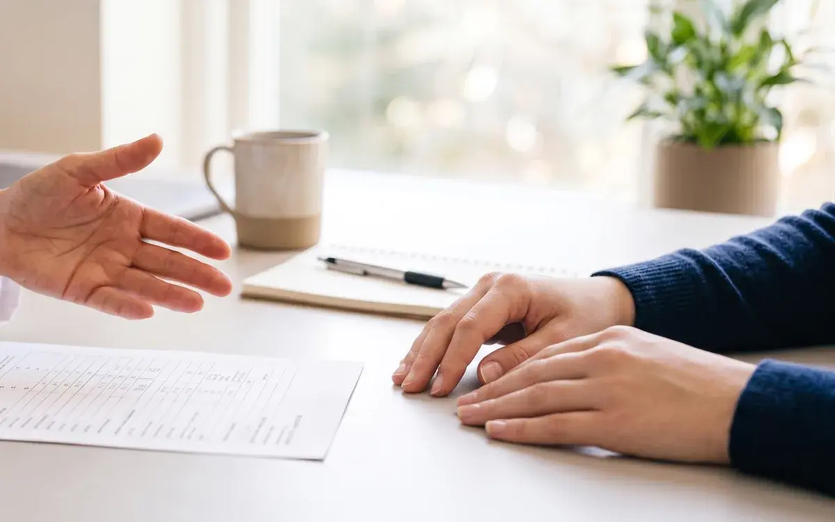 Two people in conversation across a consultation desk